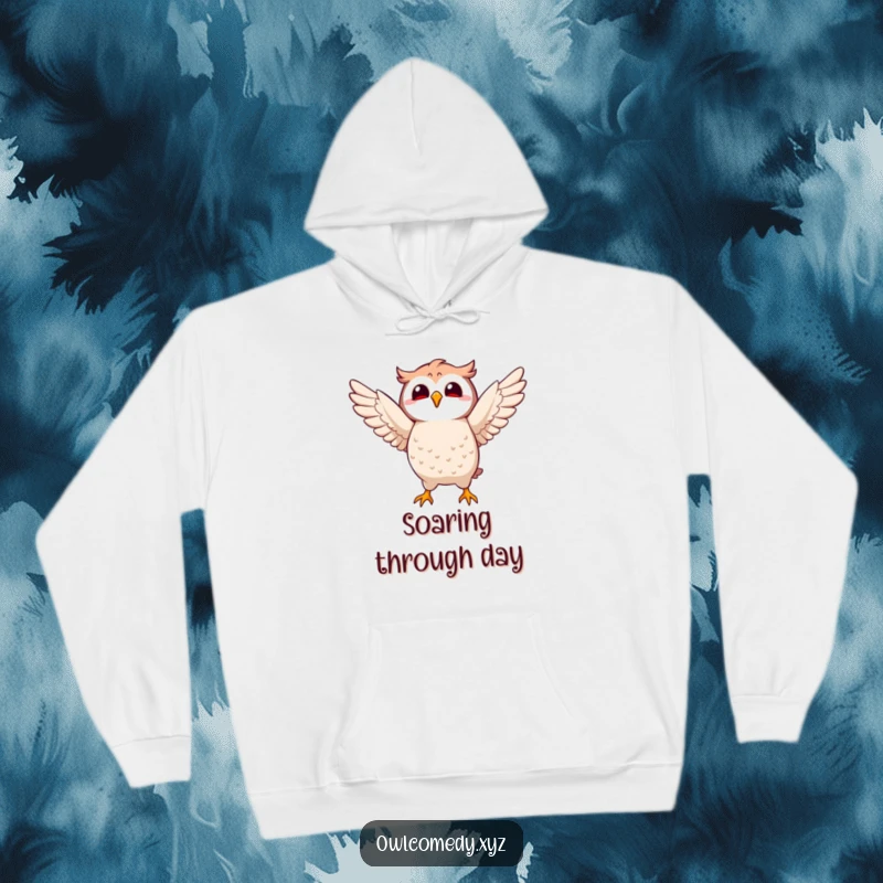 Funny Kawaii owl hoodie with a character joyfully flapping its wings, designed for comfort and whimsical charm.