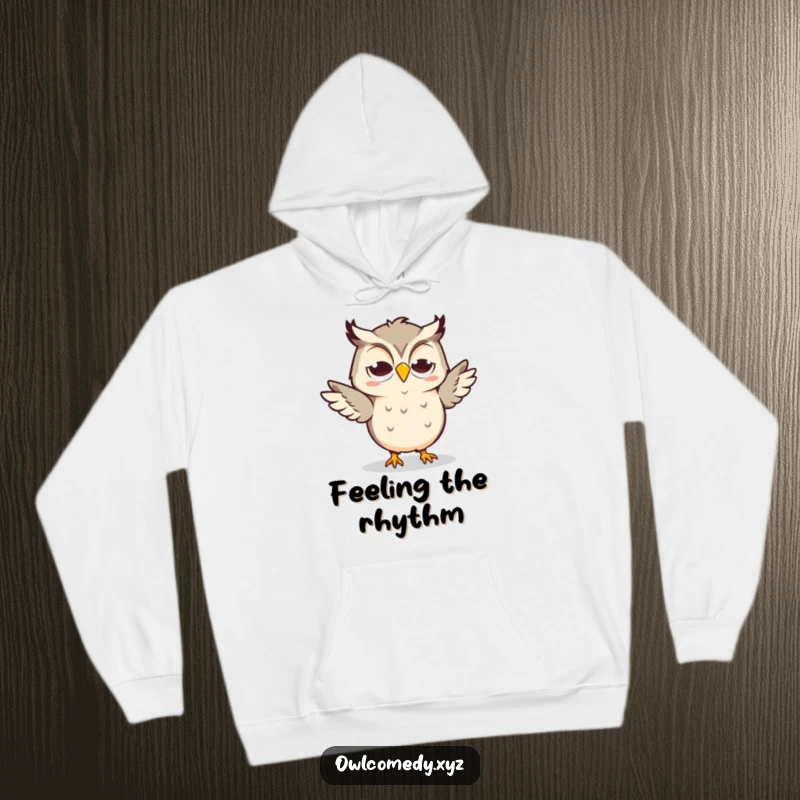 Funny Kawaii Owl Hoodie with a goofy grin, doing a silly dance, soft and perfect for movers.