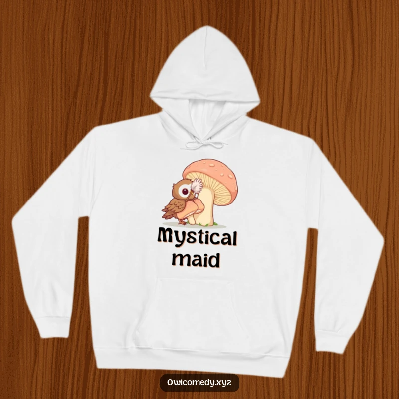 Funny and cozy hoodie featuring an owl wielding a feather duster, playfully attempting to clean a gigantic mushroom, ideal for nature lovers.