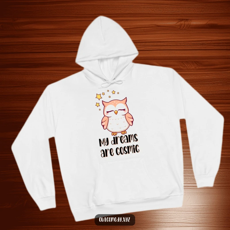 Funny dreaming kawaii owl hoodie, with closed eyes and a swirl of stars above its head, a cozy and humorous hooded sweatshirt.