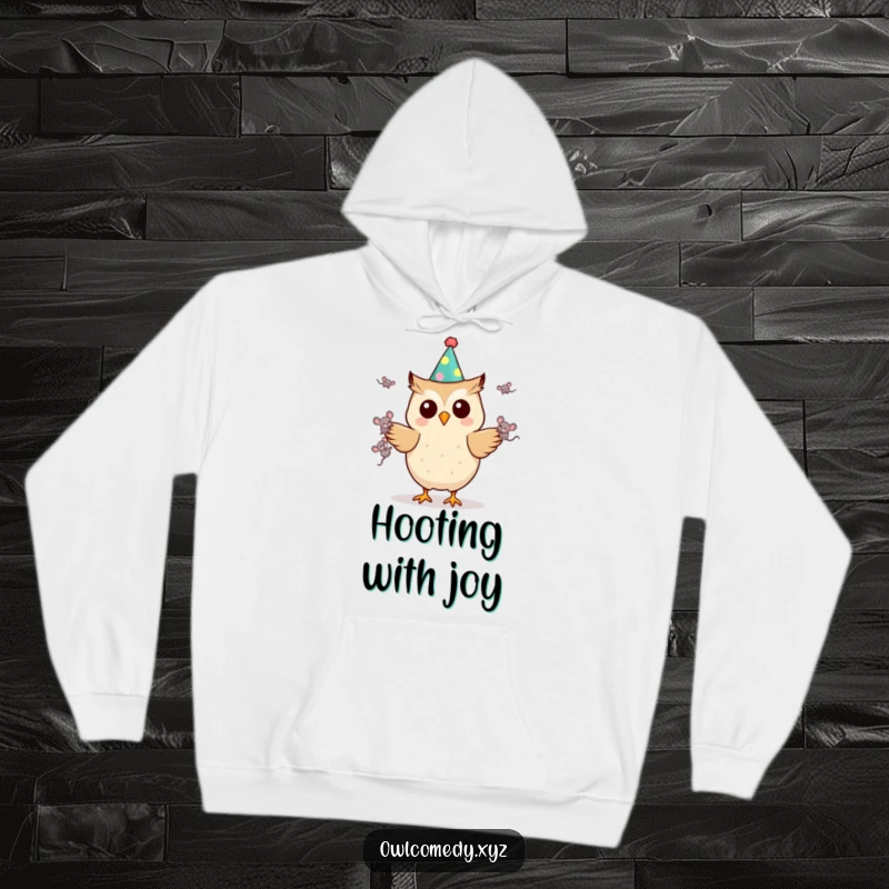 Funny Kawaii owl hoodie sporting a party hat and juggling mice, offering cozy humor and a delightful gift for whimsical souls.