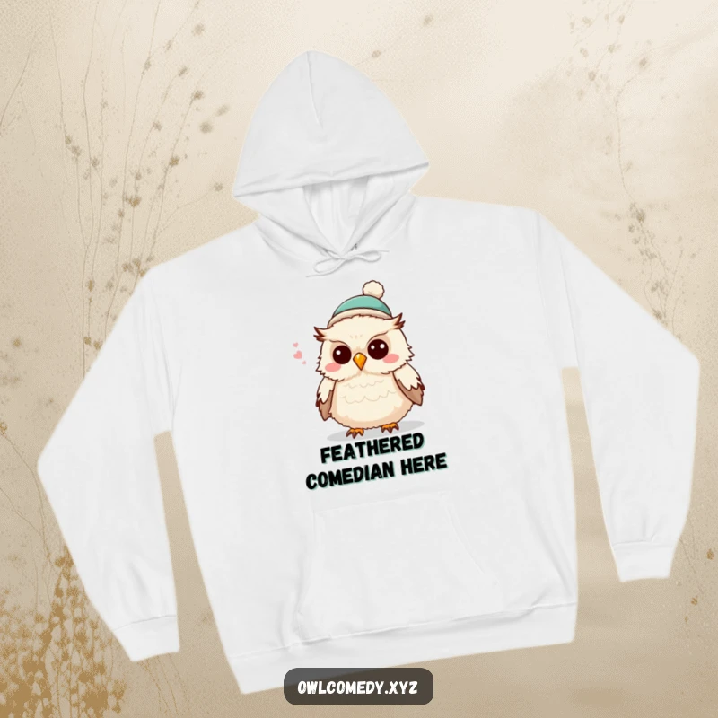 Funny fluffy owl wearing a small hat, about to crack a joke, offering cozy warmth and whimsical humor on this hoodie.