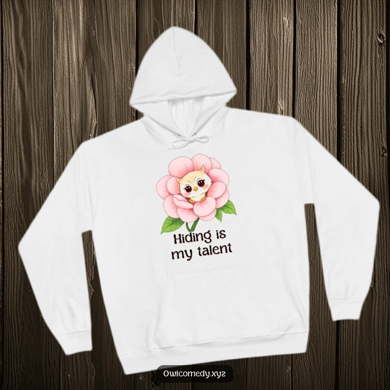 Funny shy kawaii owl hoodie, peeking around a giant flower with a faint blush, a cozy and humorous hooded sweatshirt.