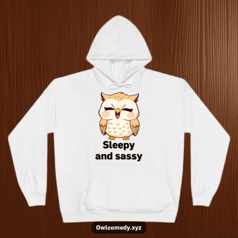 Comfortable hoodie featuring a funny sleepy owl caught in a wide yawn with a hint of a giggle. Perfect for relaxation.