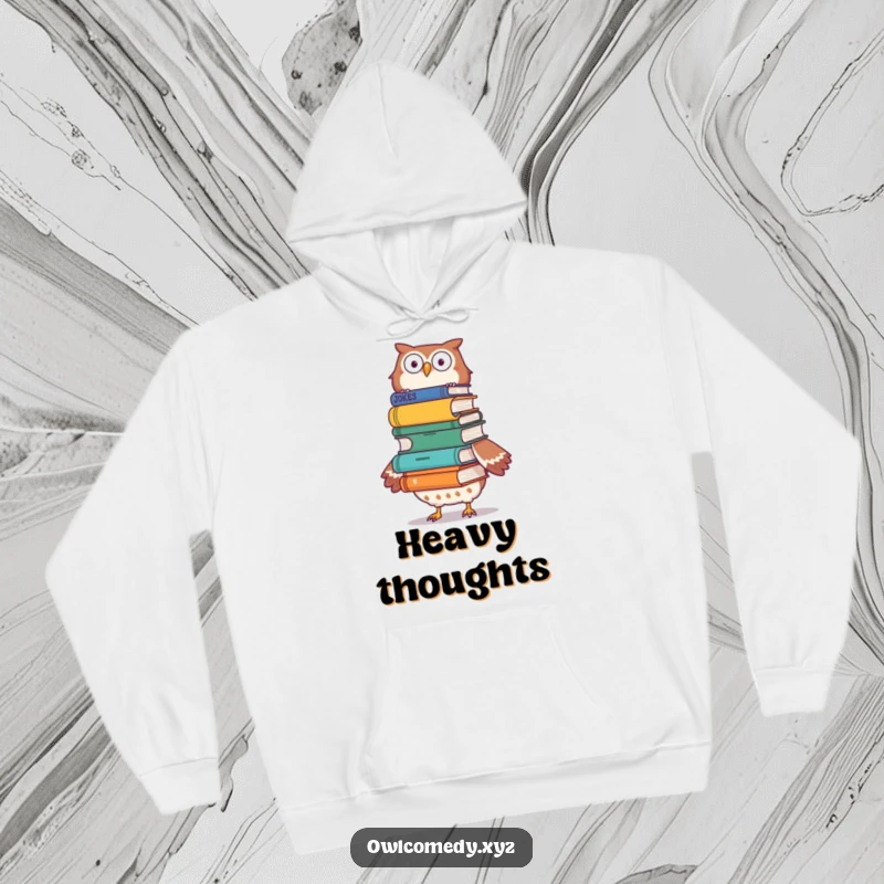 Funny owl balancing joke books on its head on a cozy hoodie, a symbol of carrying the fun.