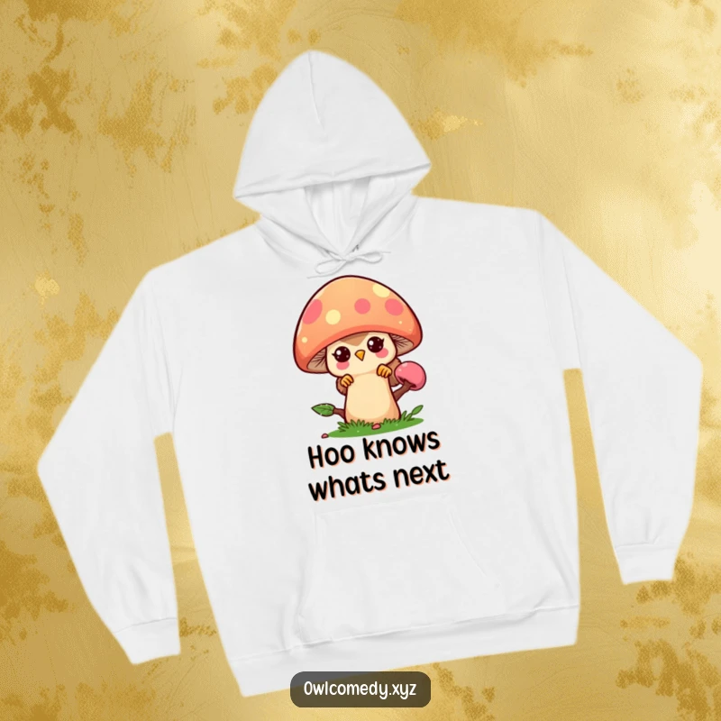 Funny kawaii owl peeking from behind a large, bright mushroom, designed for maximum comfort and humor.