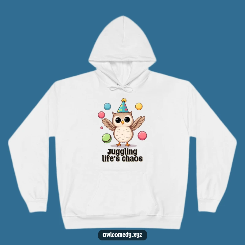 Cozy Funny Party Owl Hoodie: Stay Warm with Juggling, Festive Bird Art