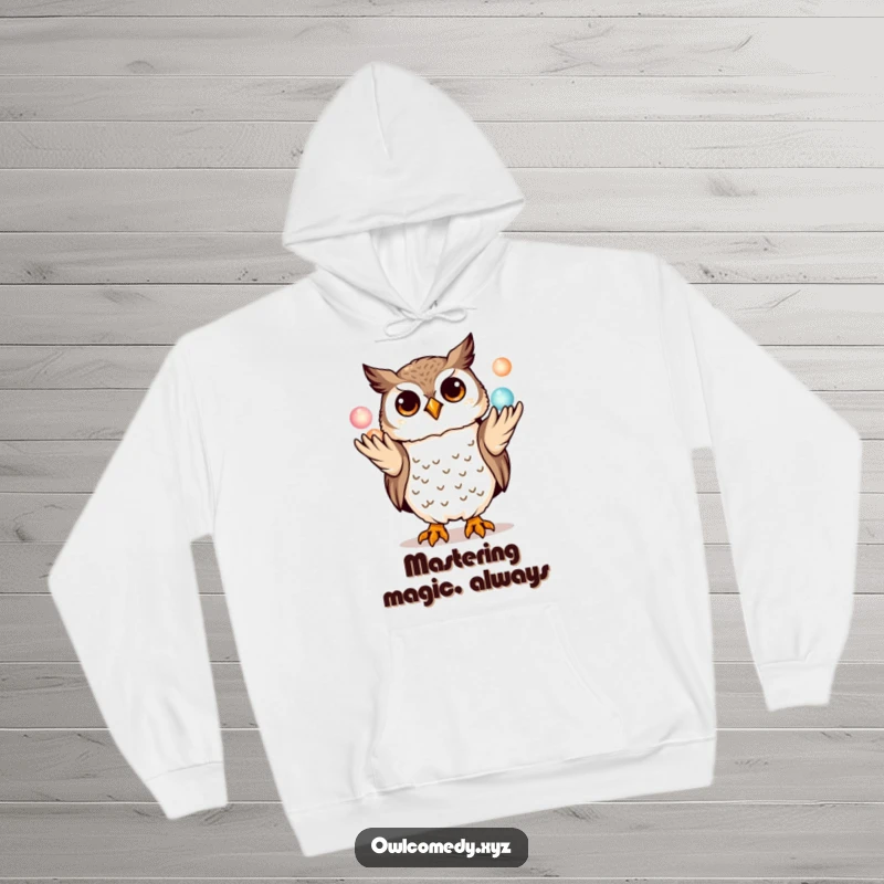 Funny kawaii owl hoodie, playfully juggling three miniature glowing orbs with its talons, a cozy and humorous hooded sweatshirt.