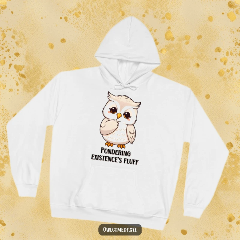 Funny hoodie with a design of a wise owl character stroking its chin with a claw, perfect for cozy contemplation.