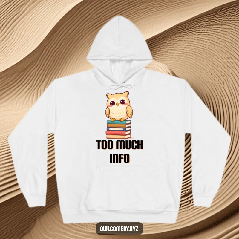 Funny Kawaii Owl Hoodie, a happy owl gleefully toppling books, a cozy and humorous addition for any book lover.