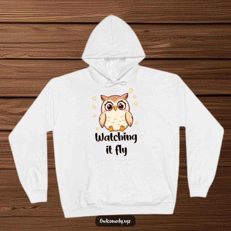 Funny Kawaii Owl Hoodie with a wide-eyed owl throwing popcorn, soft and perfect for movie nights.