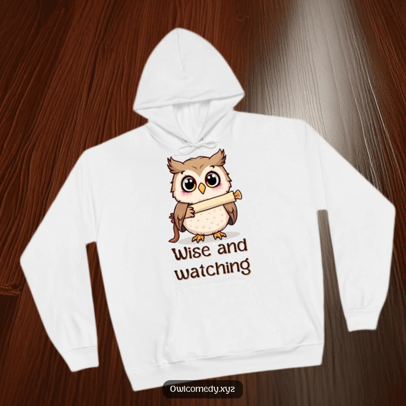 Funny surprised owl looking through a scroll telescope on a cozy hoodie, wide eyes seeking the unknown.