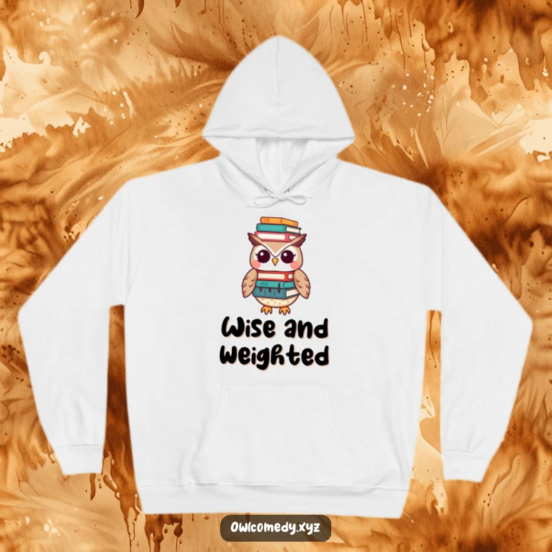 Funny Kawaii owl hoodie with a cute owl balancing a large stack of books on its head, designed for comfort and humor.
