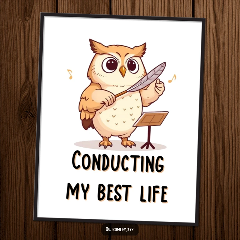 Funny Free Printable Wall Art depicting an owl conducting an orchestra with a feather baton, a humorous and artistic statement piece.