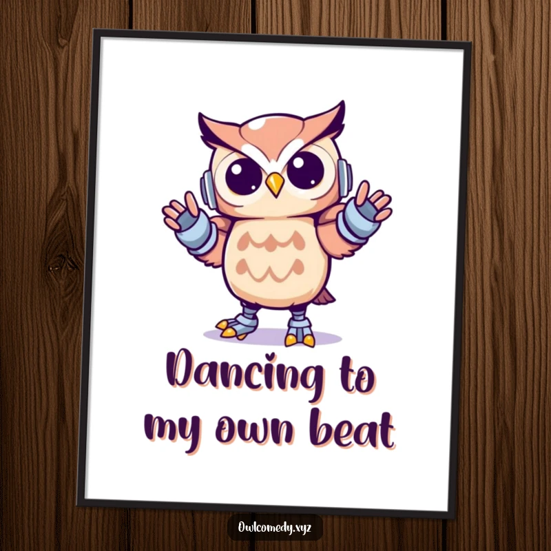 Funny Free Printable Wall Art showing a Kawaii owl doing a hilarious and energetic robot dance, perfect for adding fun to any room.