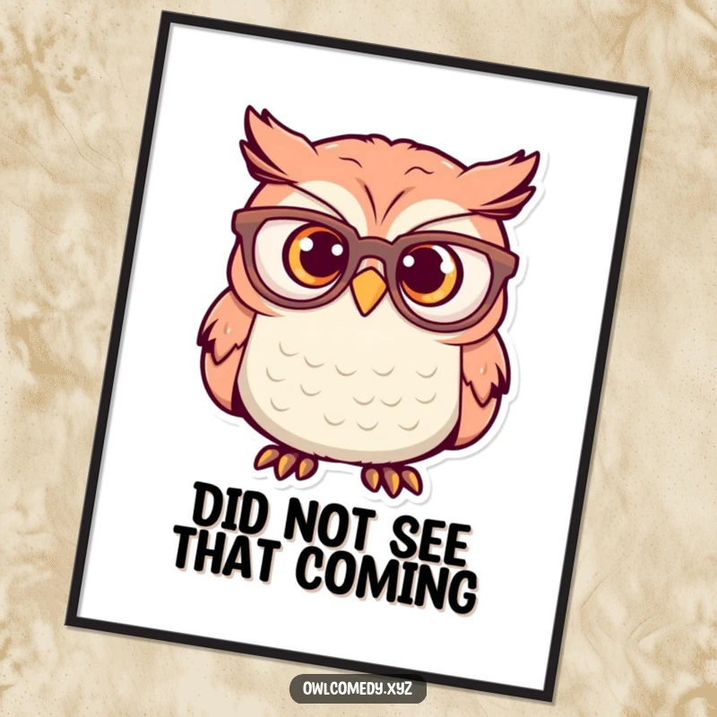 Funny Free Printable Wall Art: An owl wearing comically oversized glasses, its eyes wide with a look of delightful surprise.