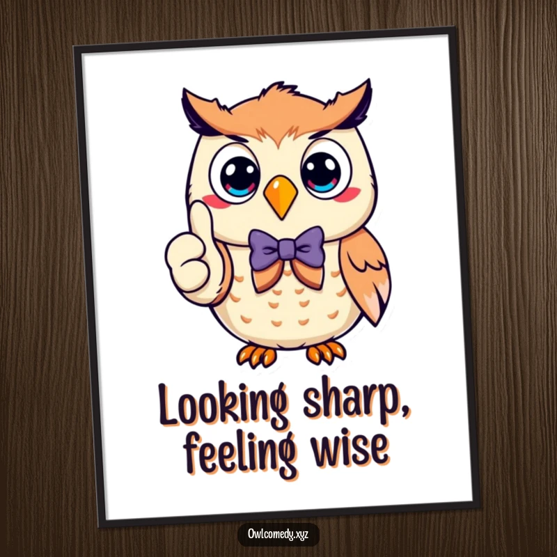 Funny Free Printable Wall Art: A smiling owl wearing a distinguished bow tie, giving a confident thumbs up gesture.