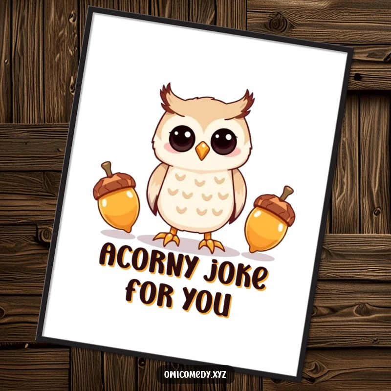 Funny Free Printable Owl Wall Art: Kawaii owl humorously juggling shiny acorns, a dynamic and funny downloadable art piece.