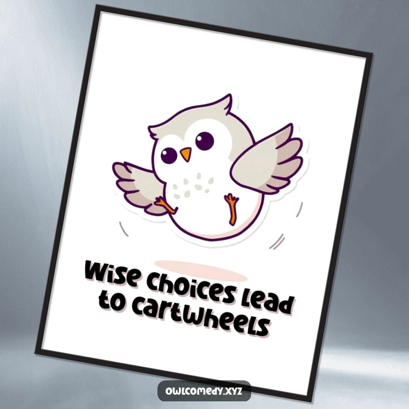 Funny Free Printable Wall Art: A minimalist kawaii owl character captured mid-cartwheel, adding dynamic fun to your decor.