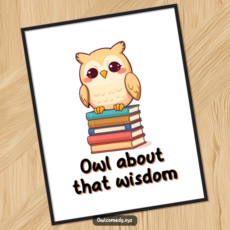 Funny Free Printable Wall Art: Adorable kawaii owl with a mischievous grin, sending a stack of books tumbling down.