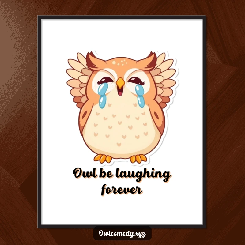 Hilarious Free Printable Wall Art of a plump kawaii owl giggling uncontrollably, tears streaming, wings spread in amusement.