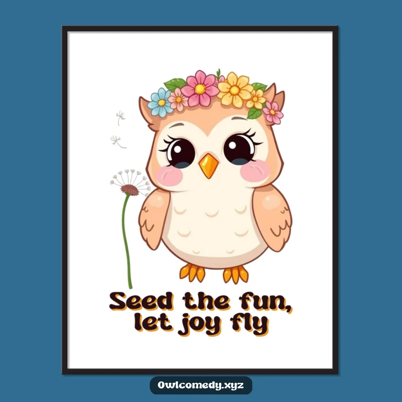 Free Printable Wall Art: Giggling Owl Flower Crown, Whimsical Seeds of Joy Downloadable