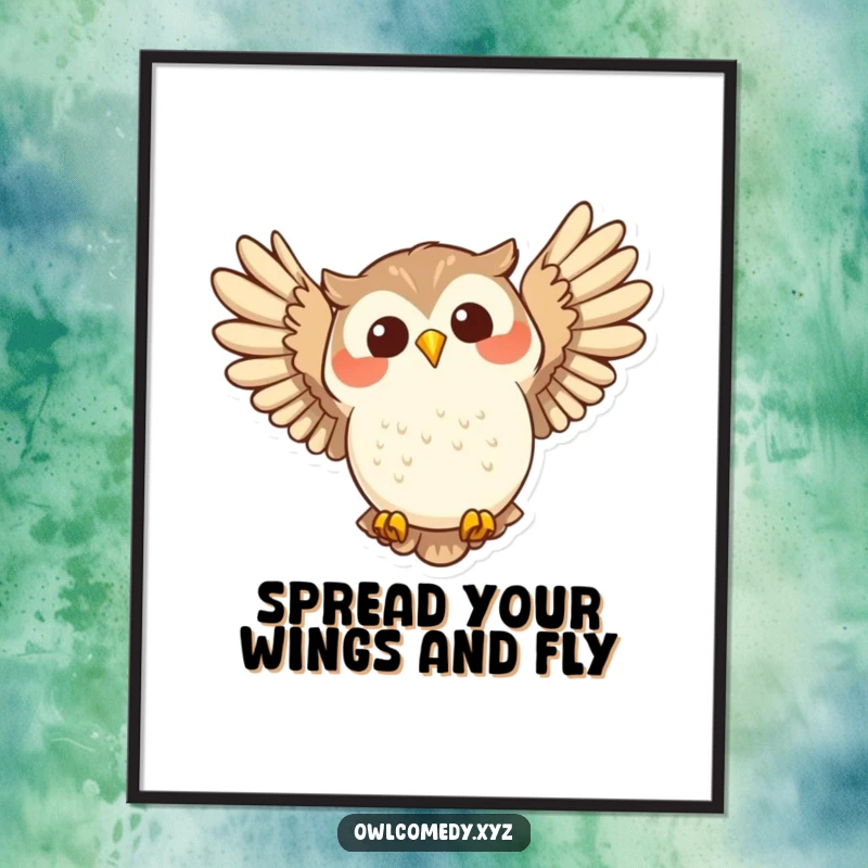 Funny Free Printable Wall Art: A joyful owl swooping downwards, wings spread wide in happy, energetic flight.