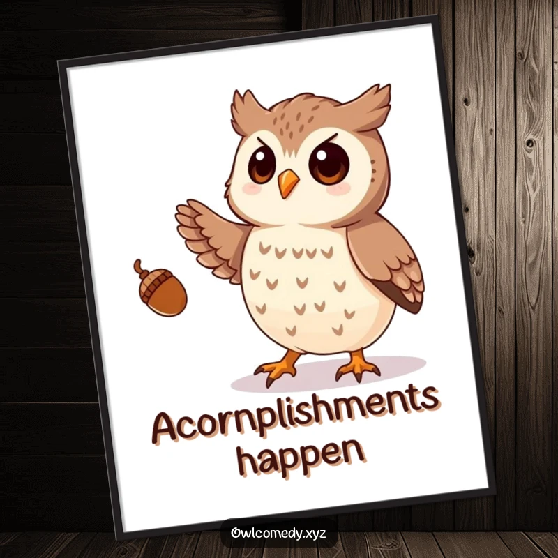 Funny Free Printable Wall Art: An owl humorously juggling acorns with its talons, creating a playful wall display.
