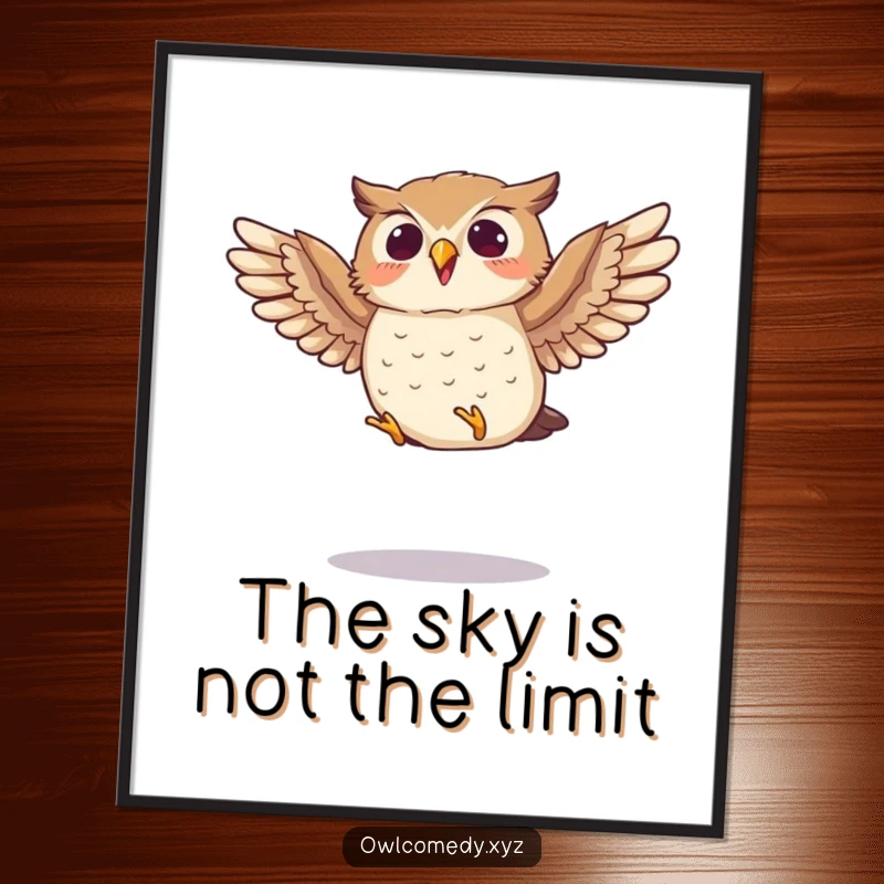 Funny Free Printable Wall Art of a small owl enthusiastically flapping its wings mid-jump, bringing a sense of fun to decor.