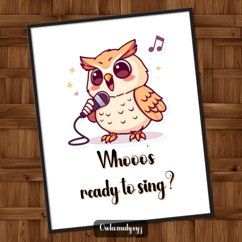 Funny Free Printable Wall Art: An owl with a microphone, singing its heart out, brings vibrant energy.