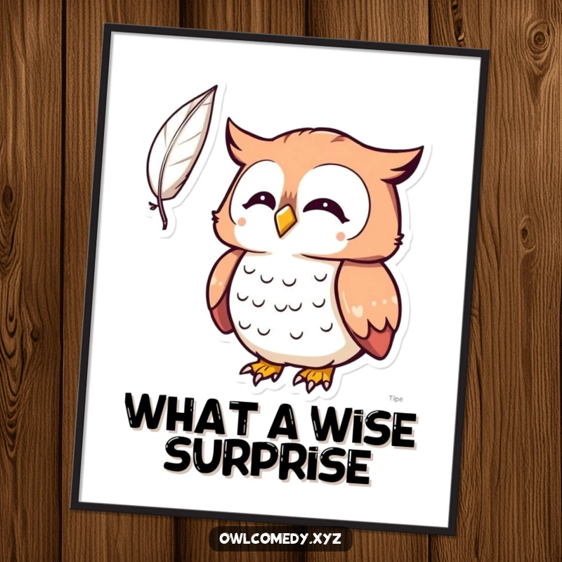 Free Printable Wall Art: A Kawaii stylized owl looks utterly surprised and wide-eyed by a single feather floating mysteriously in the air.