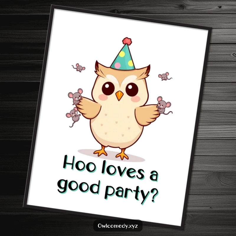 Funny Free Printable Wall Art: A Kawaii owl wearing a party hat, juggling tiny mice with impressive circus flair.