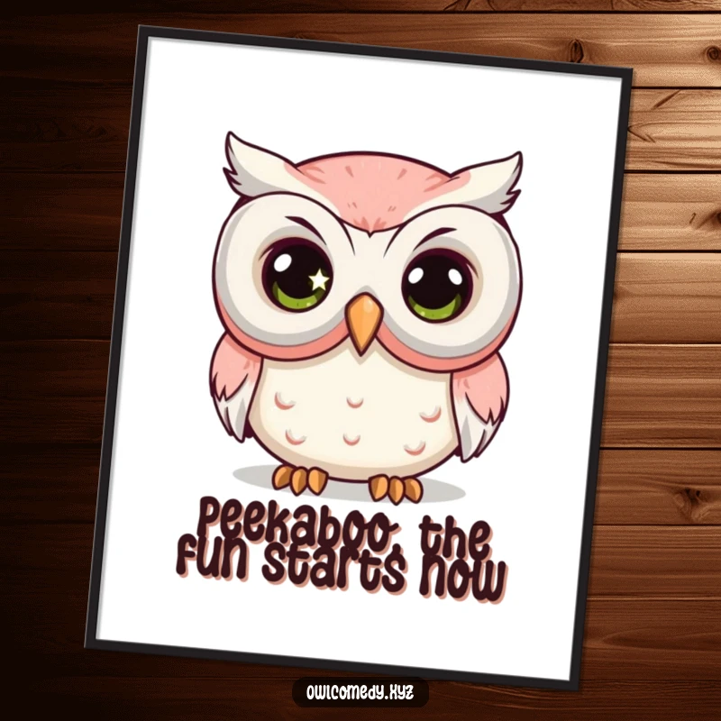 Funny Free Printable Wall Art: A kawaii owl with a large sparkling eye peeking curiously from behind an oversized, theatrical comedy mask.