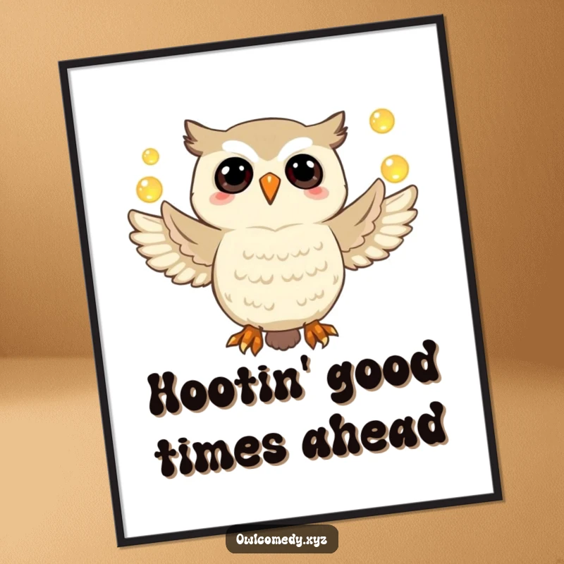 Funny Free Printable Wall Art: A jubilant owl artistically juggles glowing orbs, bringing whimsical humor to any wall.