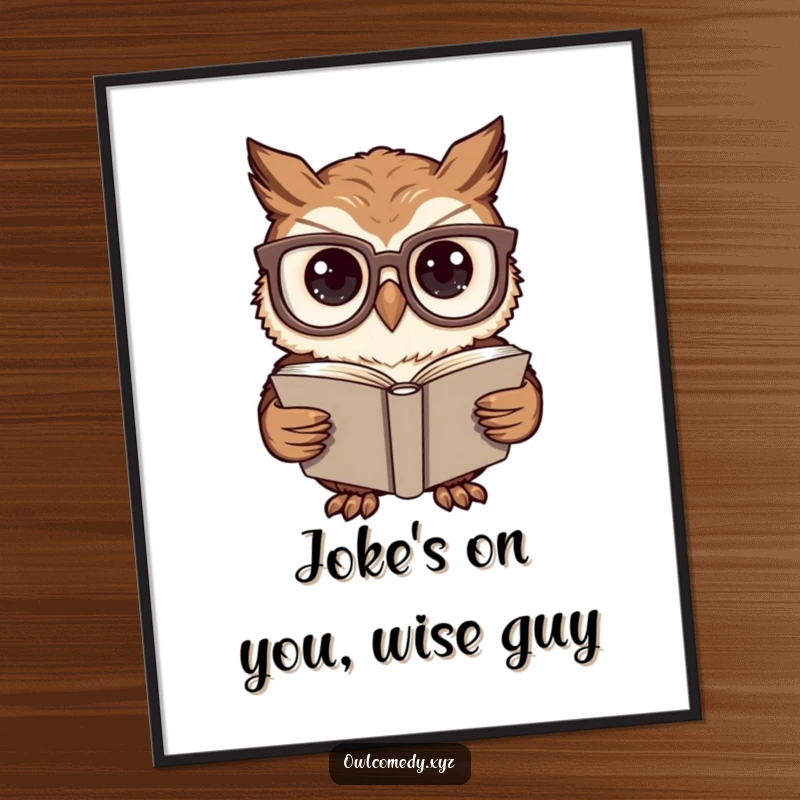 Funny Free Printable Wall Art: An owl wearing huge glasses studies a joke book with a clever, humorous air.