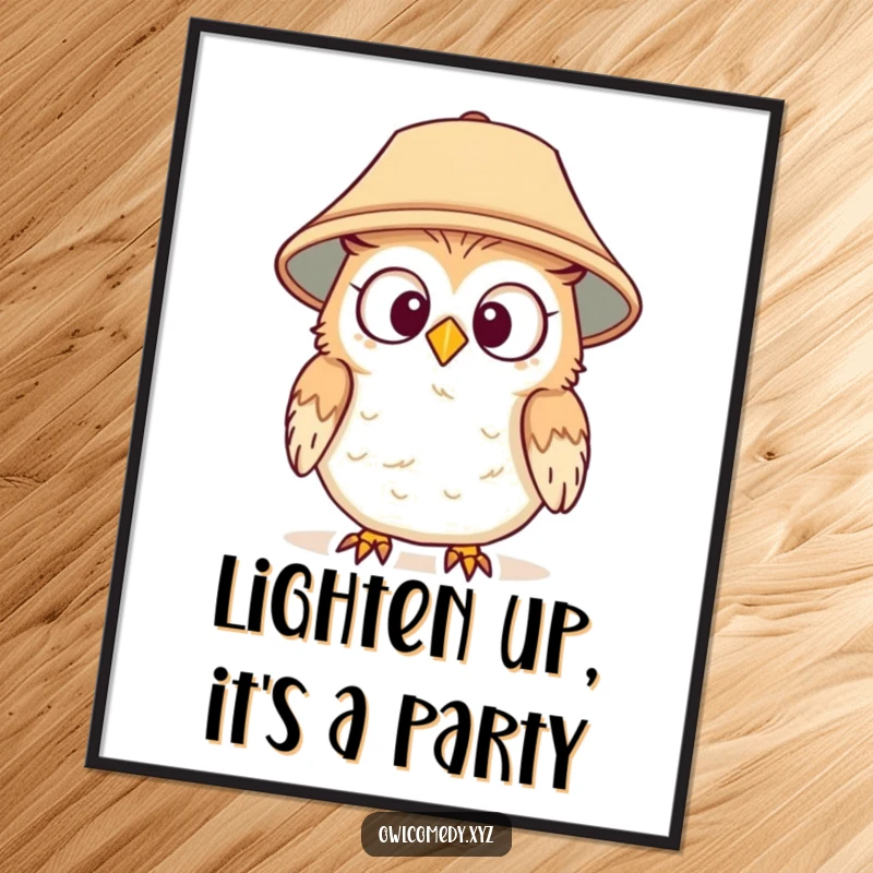 Funny Free Printable Wall Art: A surprised owl peeking out from under a lampshade worn as a hat, adding quirky humor.