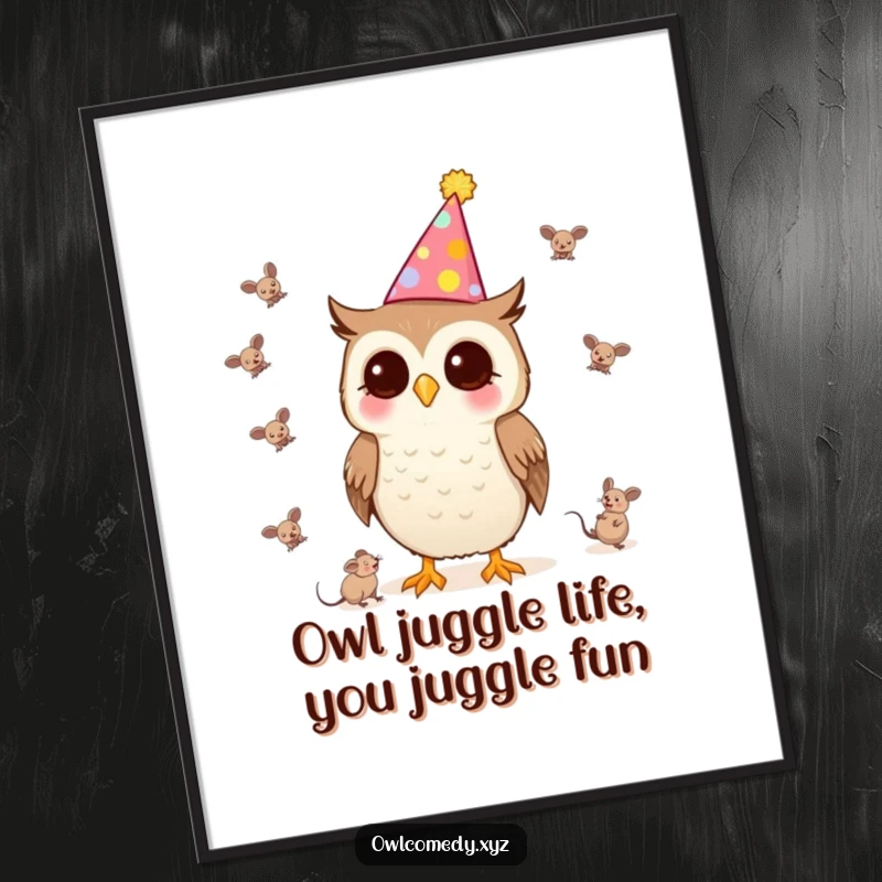Funny Free Printable Wall Art: A Kawaii owl in a party hat juggling tiny mice with playful energy.