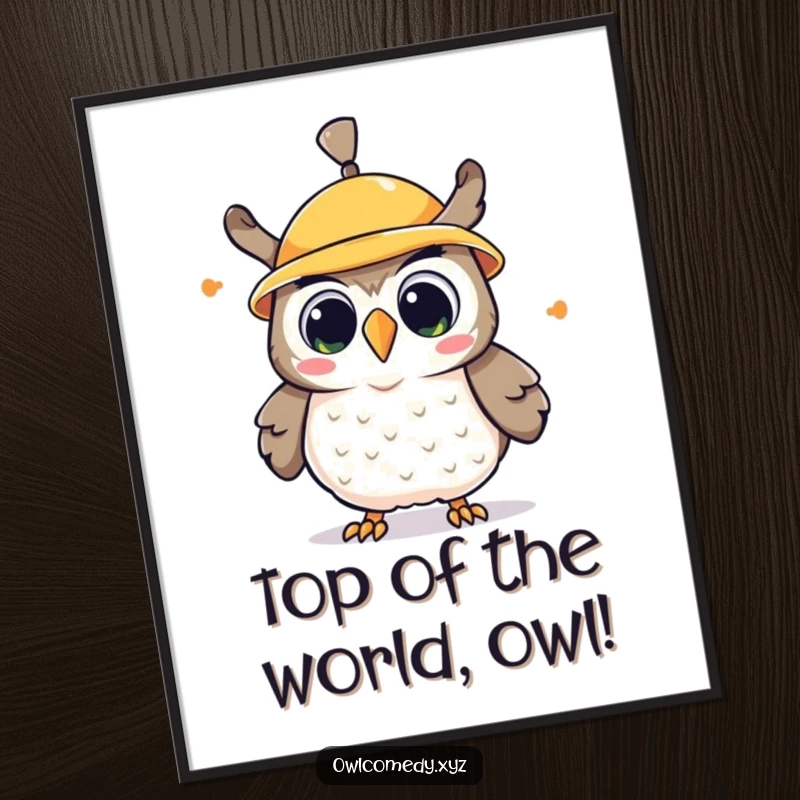 Surprised and delighted Free Printable Wall Art showing a kawaii owl with a propeller hat spinning wildly, full of playful energy.