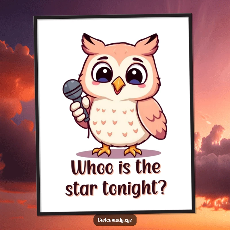 Funny Free Printable Wall Art: Cheerful kawaii owl holding microphone, tilting head, performing for adoring fans.