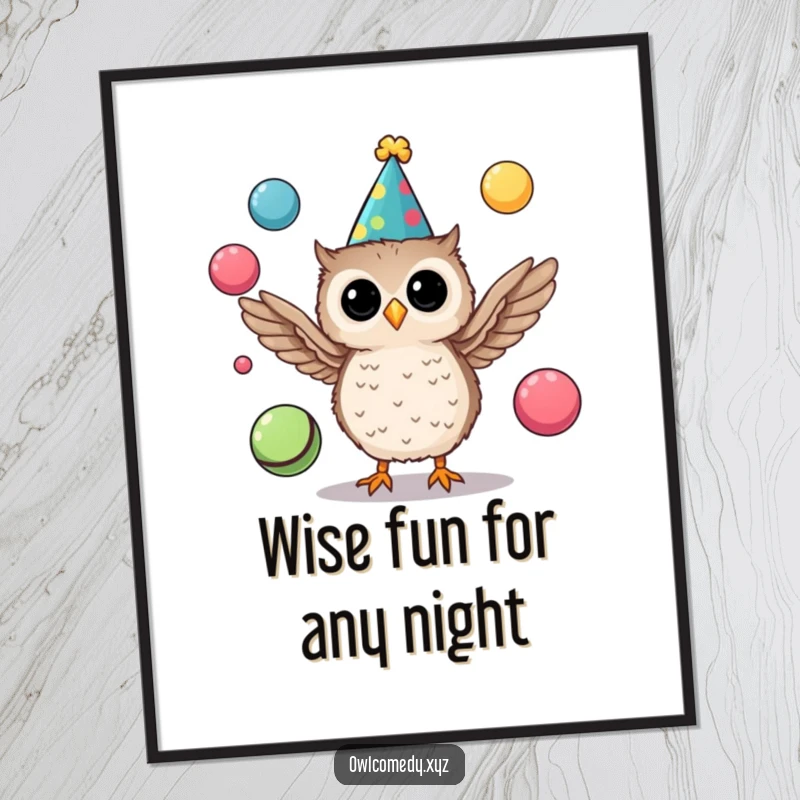 Funny Free Printable Wall Art: A miniature owl in a festive party hat, impressively juggling colorful balls with its adorable wings.