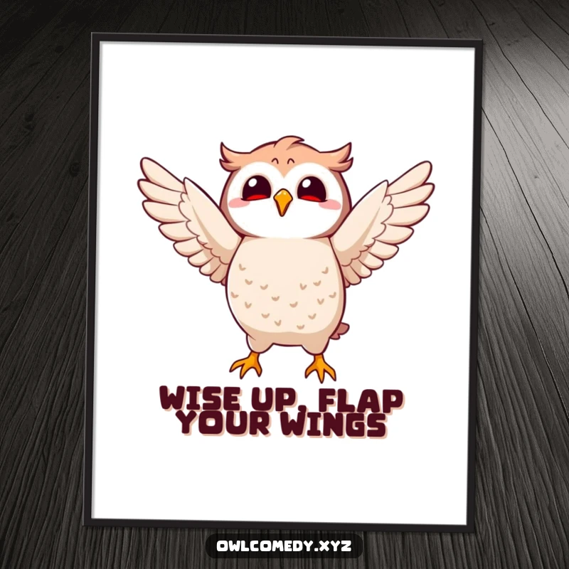 Funny Free Printable Wall Art: Kawaii owl character joyfully flapping its wings mid-air, adding a touch of playful magic to your decor.