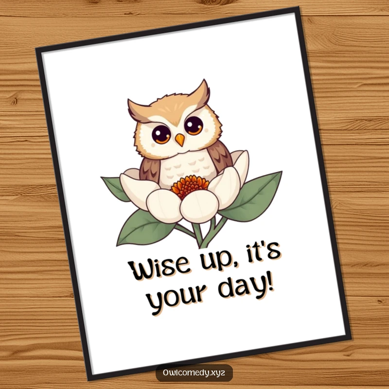 Funny Free Printable Wall Art: A curious owl with big eyes peeking from behind a vibrant flower, adding charm to any room.