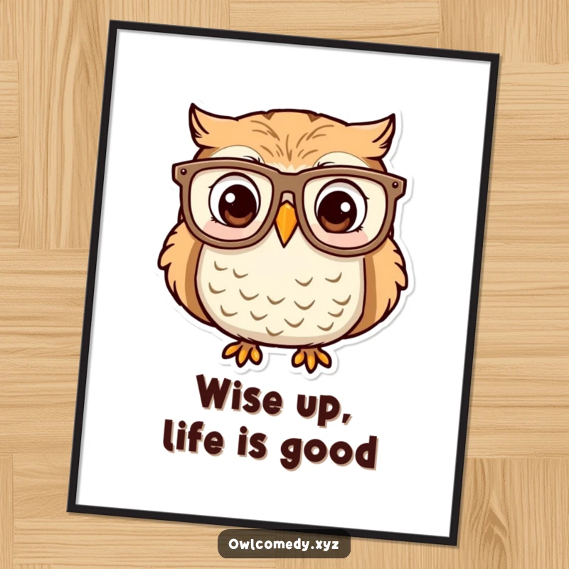 Funny Free Printable Wall Art: Owl wearing comically large glasses, looking surprised and delighted, whimsical decor.