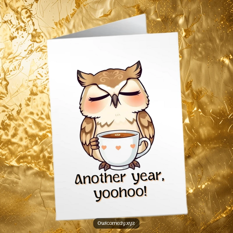 Funny Free Printable Birthday Card: A sleepy owl yawns dramatically, holding a tiny teacup, perfect for a cozy birthday.