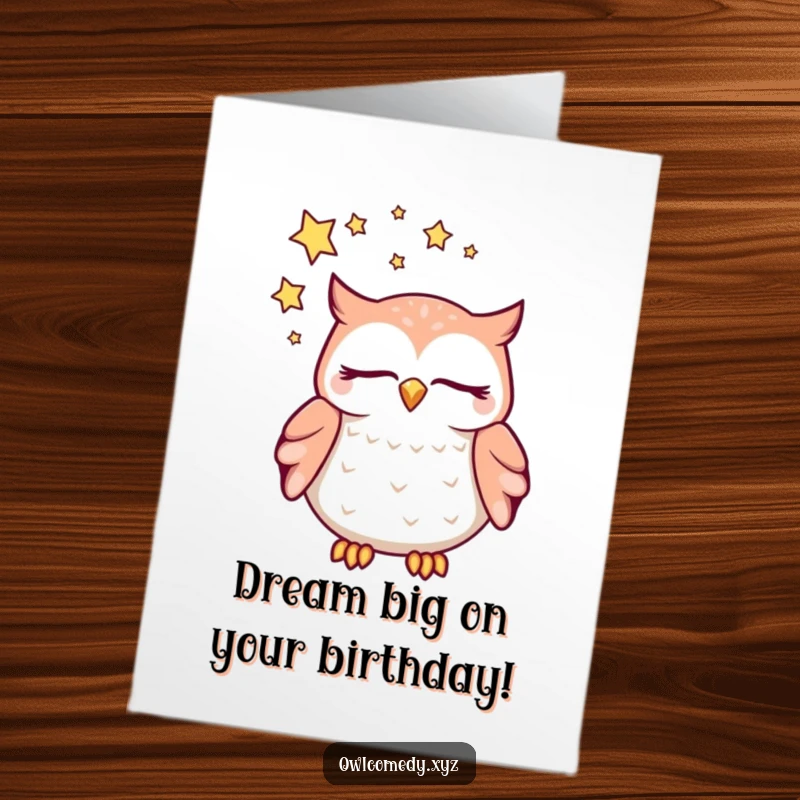 Funny Free Printable Birthday Card of a dreaming kawaii owl resting peacefully, with stars swirling above its head.