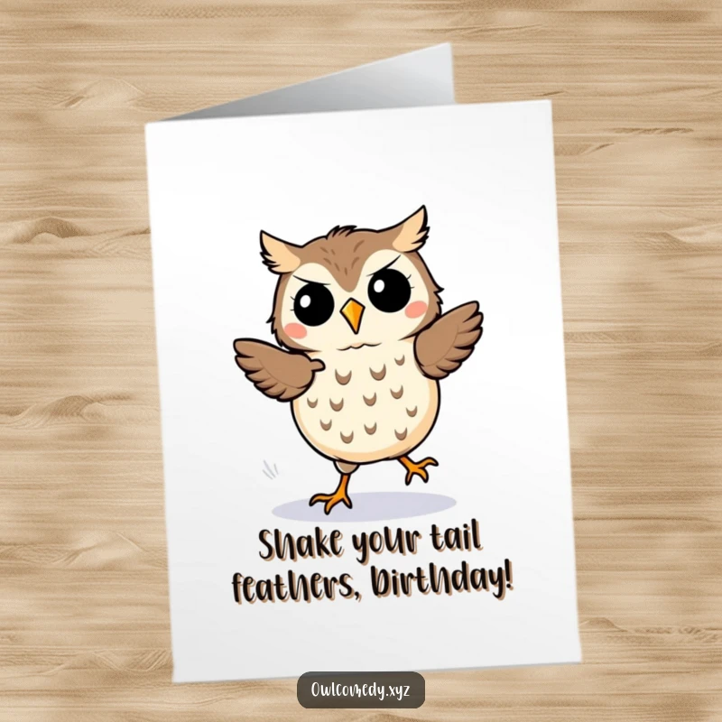 Funny Free Printable Birthday Card of a kawaii owl doing a silly jig with energetic motion lines, spreading birthday cheer.