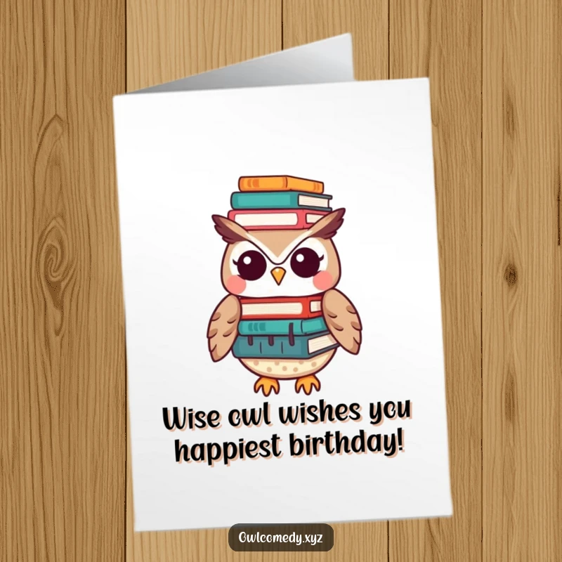 Funny Free Printable Birthday Card featuring a Kawaii owl with a huge stack of books precariously balanced on its head, looking studious.