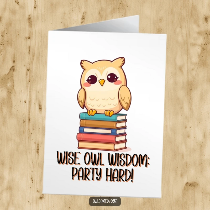 Funny Free Printable Birthday Card: Kawaii owl with silly grin, toppling a stack of books, spreading chaotic joy.