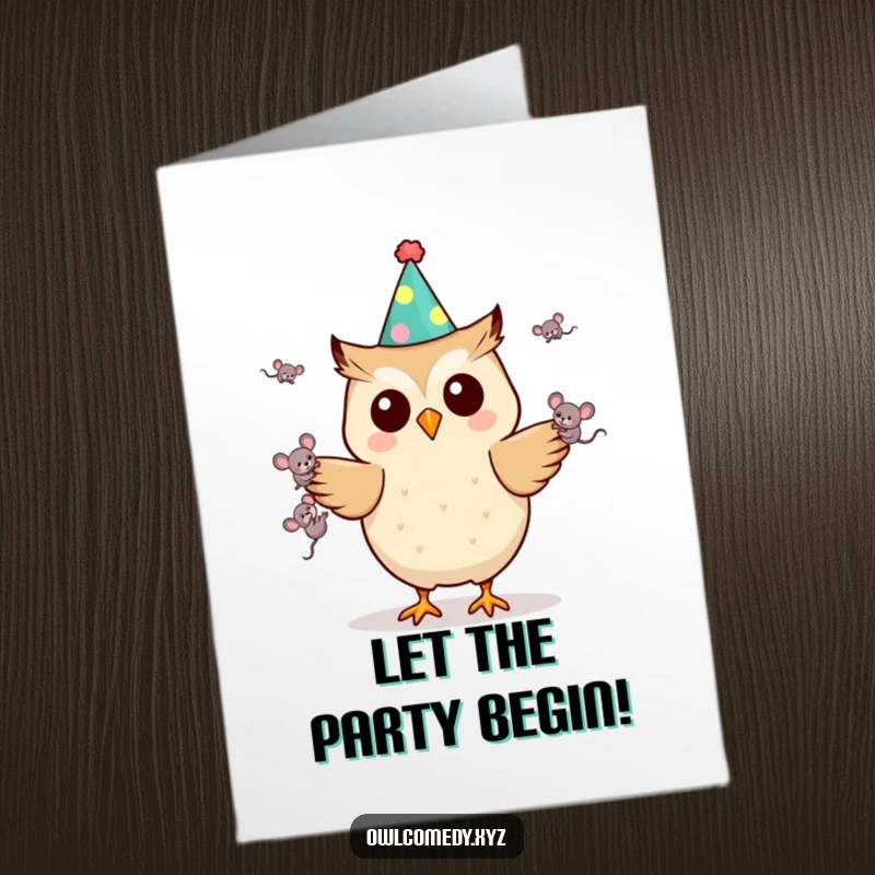 Funny Free Printable Birthday Card: A Kawaii owl in a party hat expertly juggling three tiny mice with a determined look.