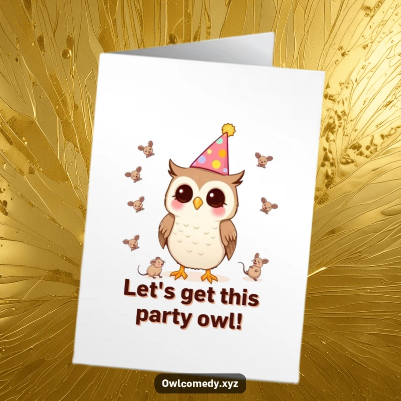 Funny Free Printable Birthday Card: A Kawaii owl in a party hat hilariously juggling tiny mice.